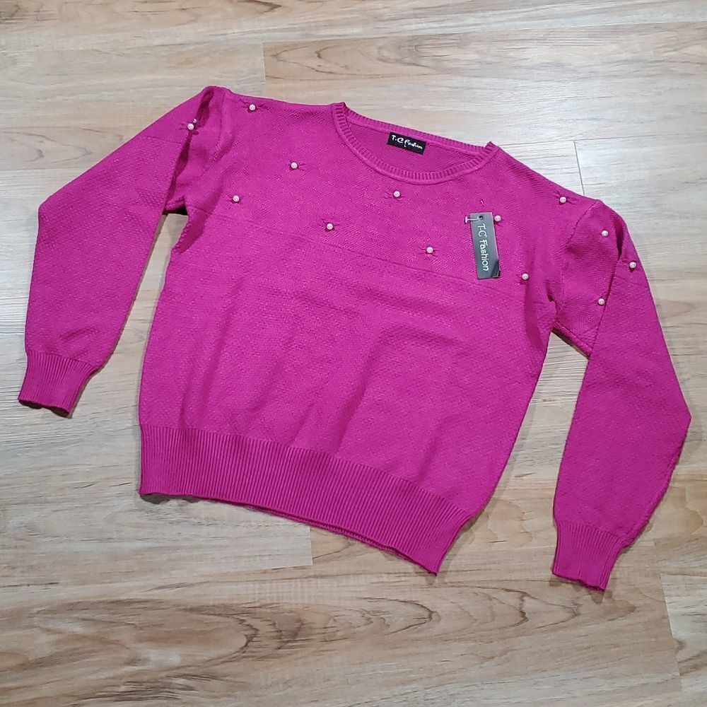 🔹️NWT TC Fashion Fuchsia & Faux Pearl Long Sleeve Sweater Large